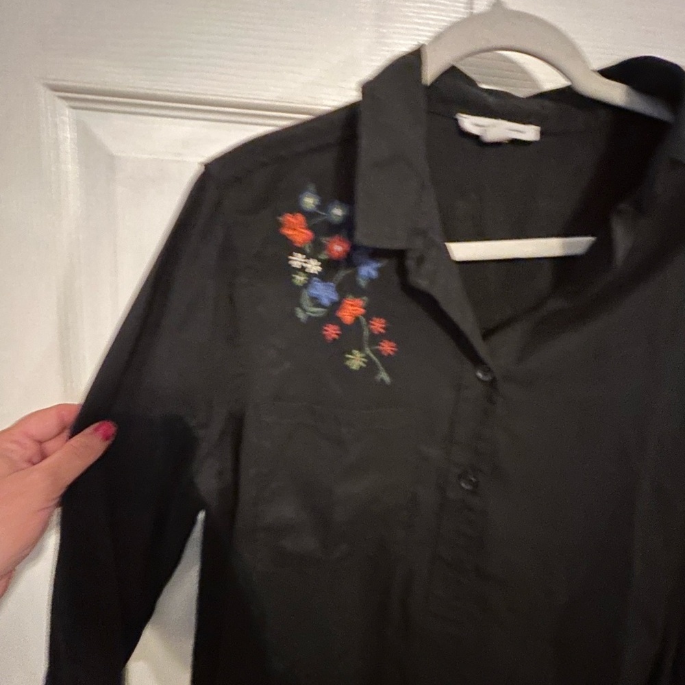 beachlunchlounge Black Button Down Shirt with Floral Embroidery